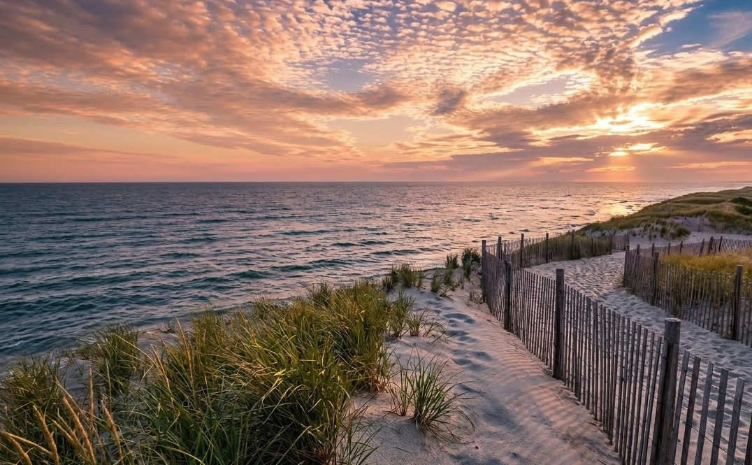 Serene beach with dunes and ocean
